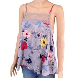 Dainty Hooligan Womens Striped Floral Blouse With Gray Crotchet Detail Size M